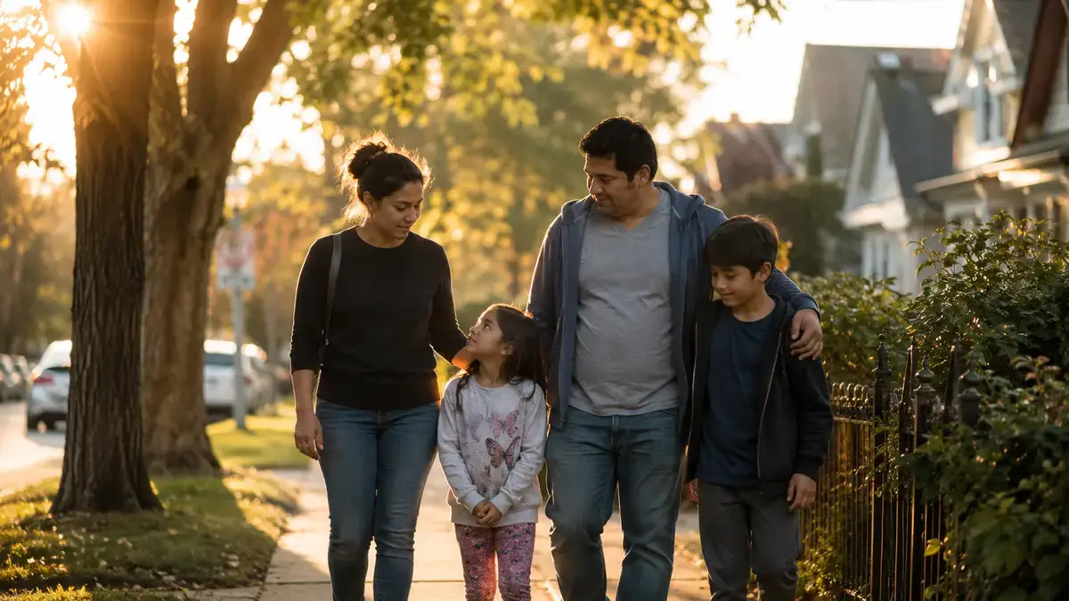 Immigrant family walking together in American neighborhood