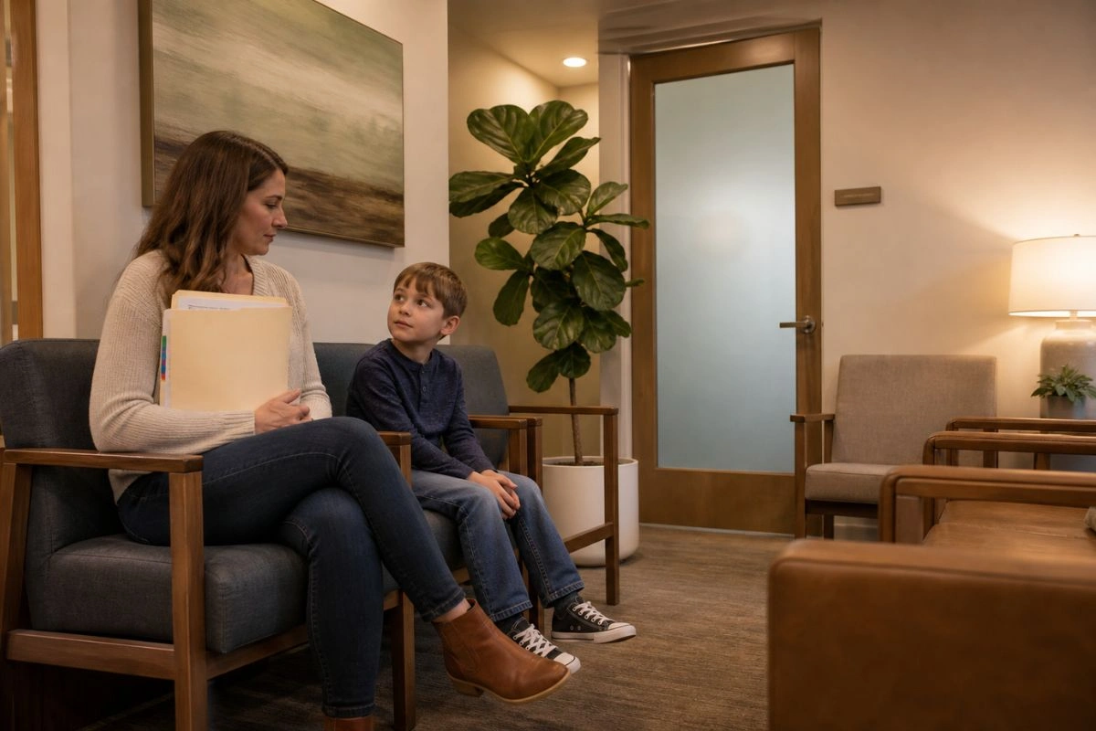 Parent and child in psychoeducational assessment waiting room