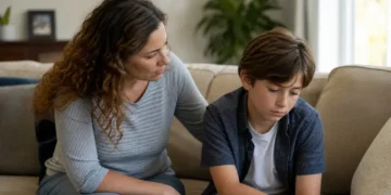 Parent sitting with withdrawn child on couch recognizing signs child needs counseling