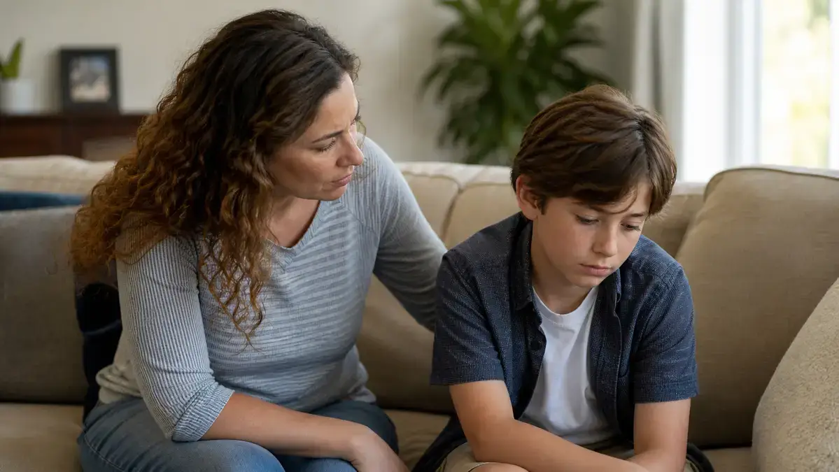 Parent sitting with withdrawn child on couch recognizing signs child needs counseling