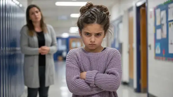 Defiant child with arms crossed in school hallway showing behavior problems