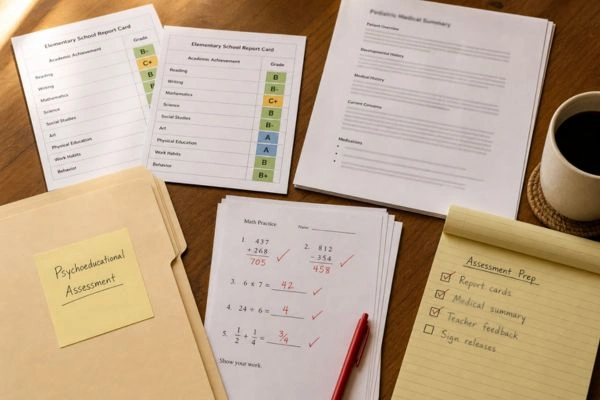 School documents organized for psychoeducational testing preparation