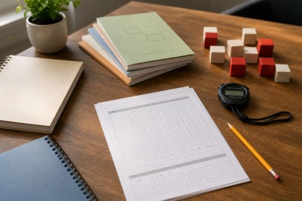 Neuropsychological evaluation testing materials on psychologist desk