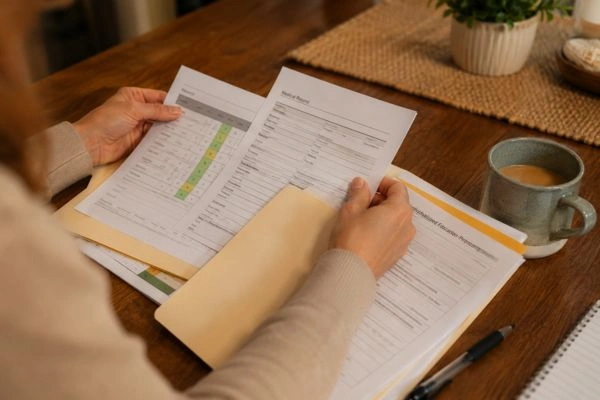 Parent organizing school and medical records folder