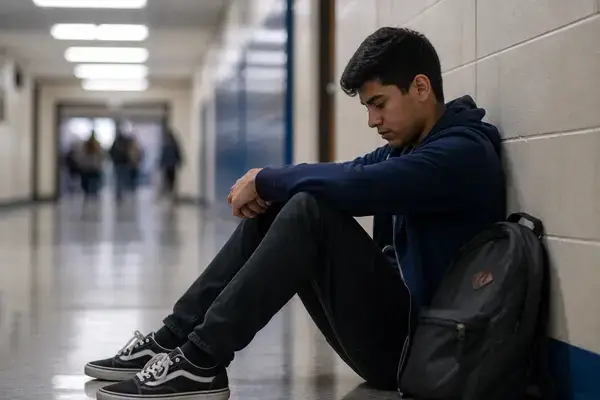 Teenager sitting alone in school hallway showing cultural isolation