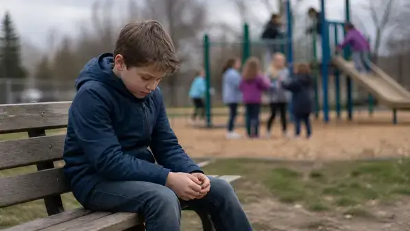 Child sitting alone on playground bench showing social withdrawal signs 