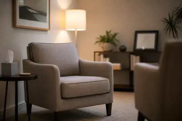 Empty therapist chair representing barriers to immigrant mental health care 