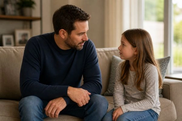 Father explaining neuropsychological evaluation to young daughter