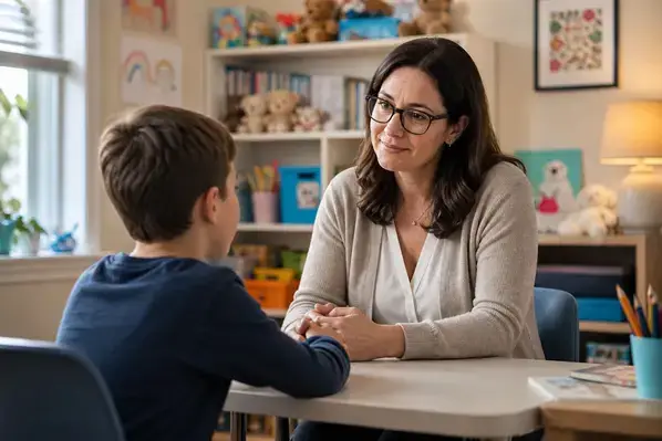 Child therapist conducting counseling session in kid-friendly office 