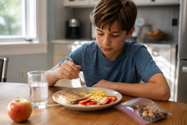 Child eating healthy breakfast before neuropsych evaluation