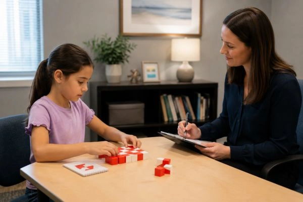 Child completing block design task during neuropsych testing