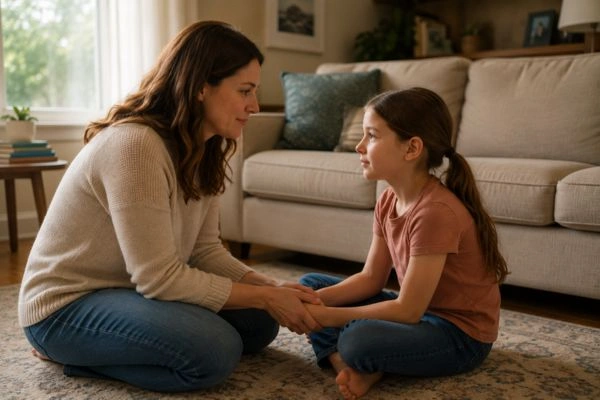 Parent calmly preparing child for upcoming assessment