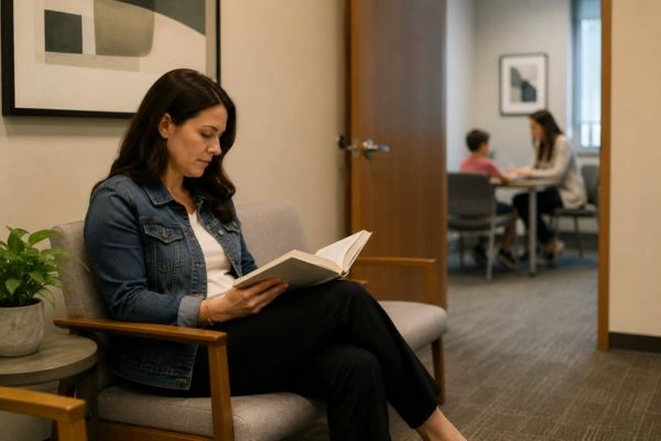 Parent waiting during child's neuropsychological evaluation session