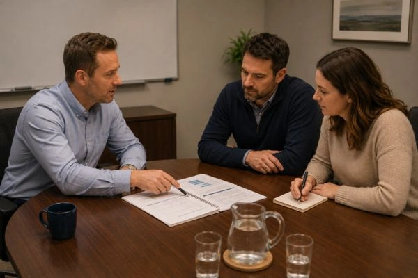Psychologist reviewing assessment results with child's parents