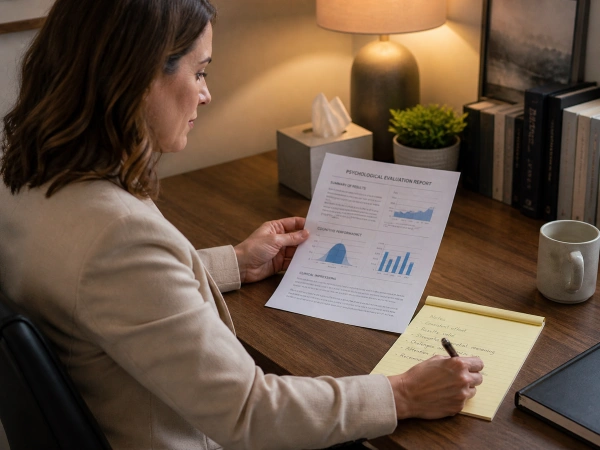 Psychologist reviewing a confidential psychological evaluation report