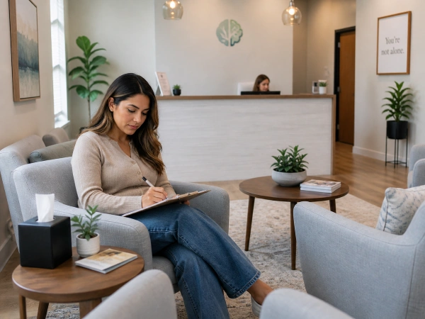 Patient completing intake paperwork before a psychological evaluation
