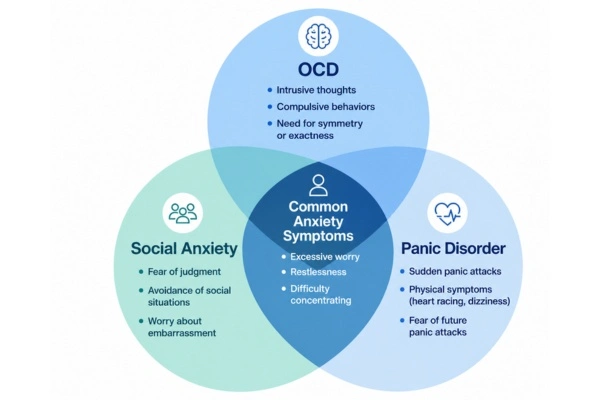 Infographic showing overlapping symptoms between OCD social anxiety and panic disorder