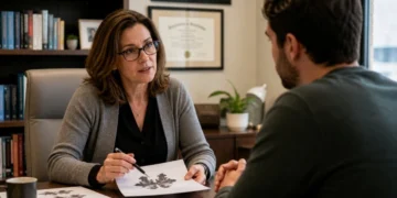 Psychologist reviewing test materials with client during psychological assessment