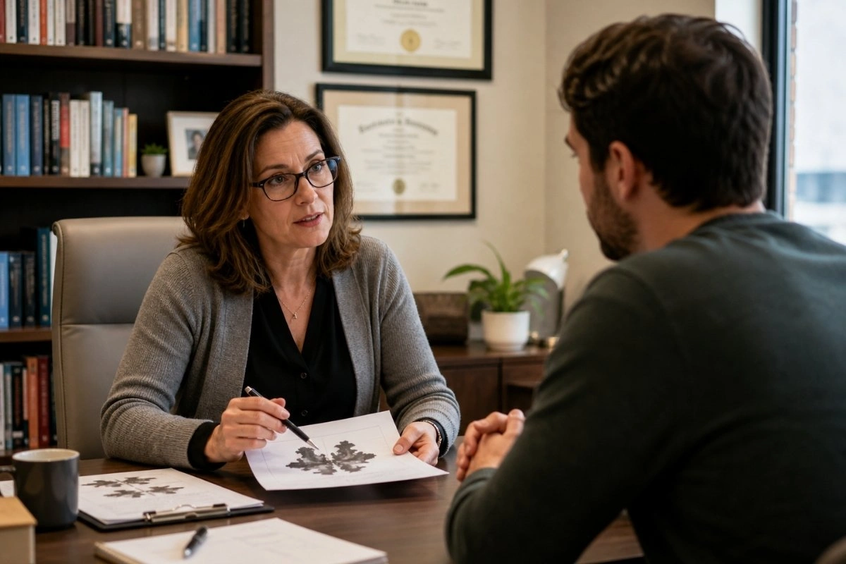 Psychologist reviewing test materials with client during psychological assessment