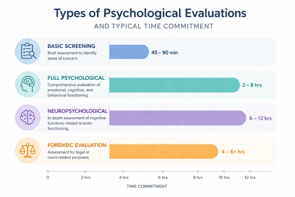 Infographic comparing psychological evaluation types by duration