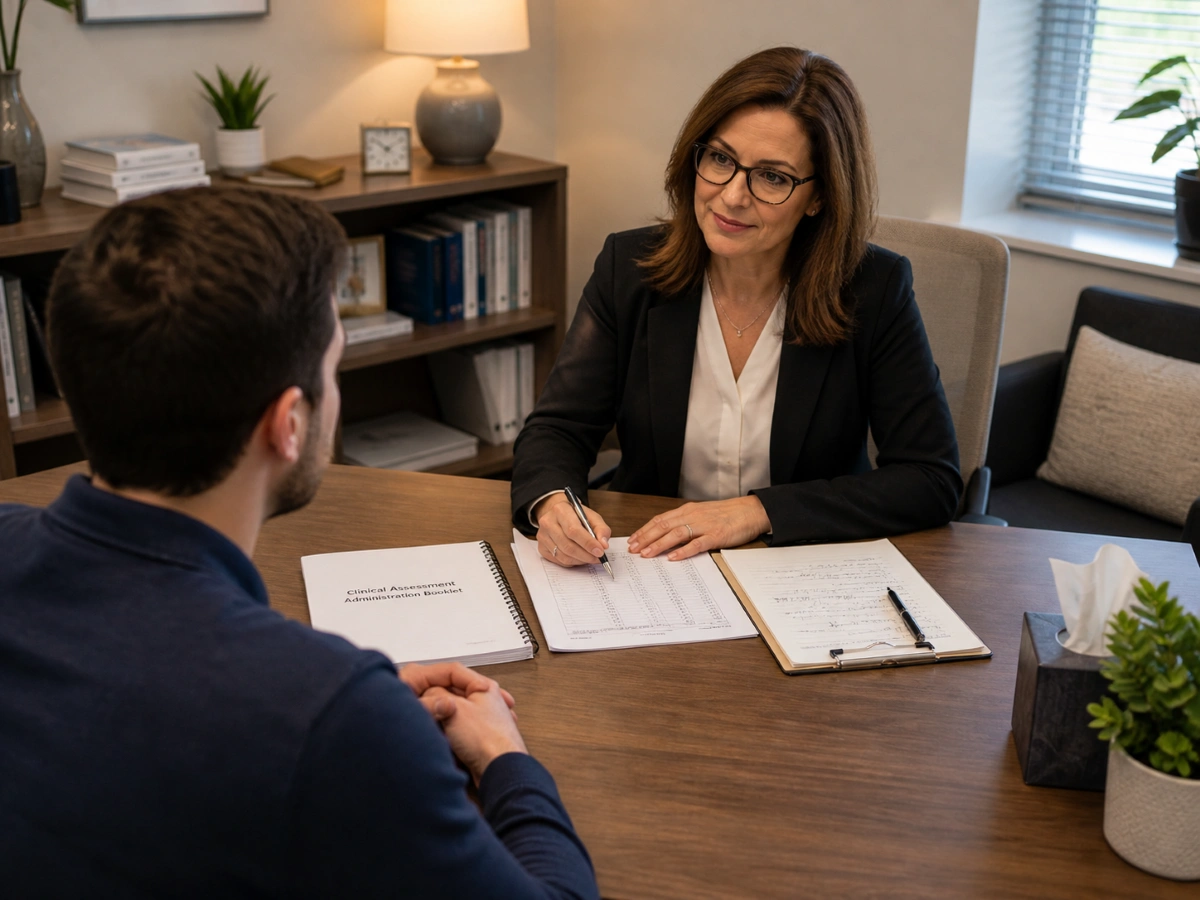 Psychologist conducting a psychological evaluation in a private office