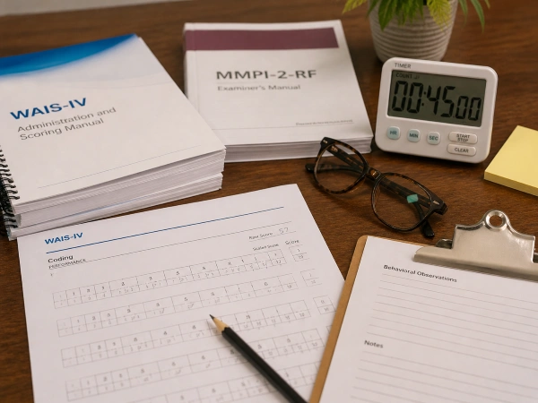 Standardized psychological testing materials used during evaluations