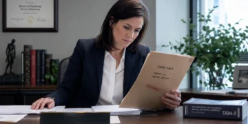 Forensic psychologist reviewing case files at desk