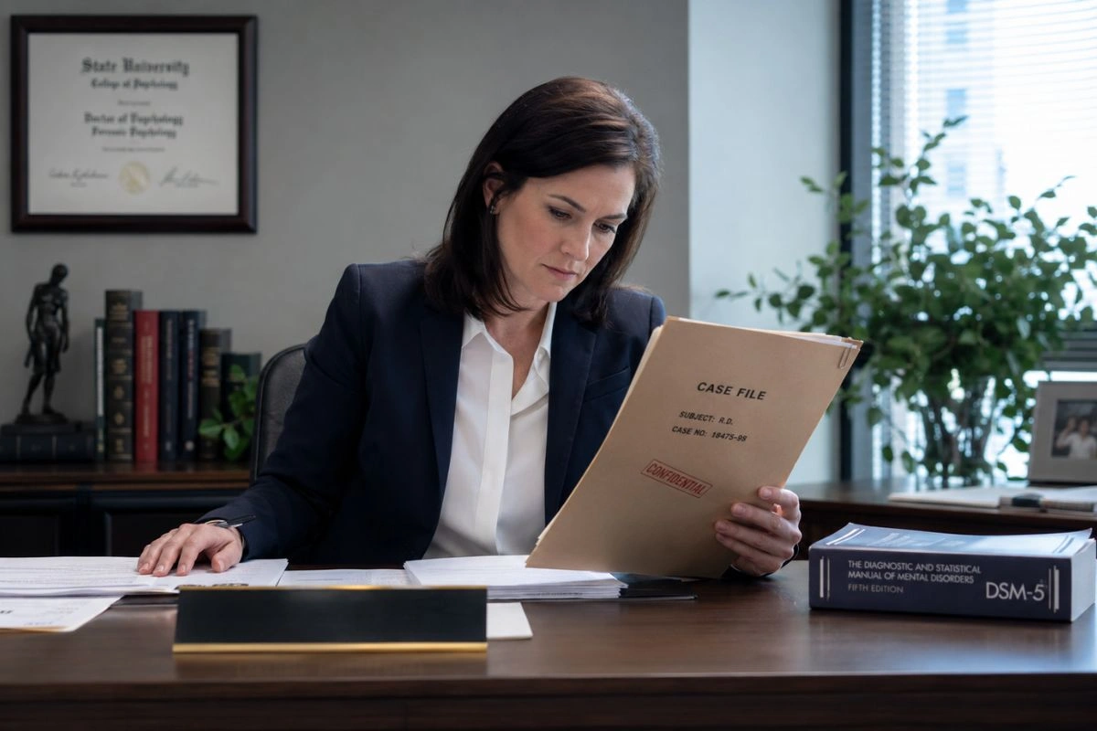 Forensic psychologist reviewing case files at desk
