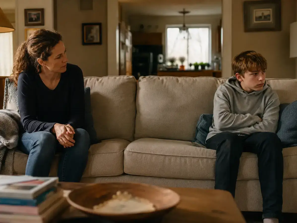 Parent and reluctant pre-teen sitting apart on a sofa before reunification therapy