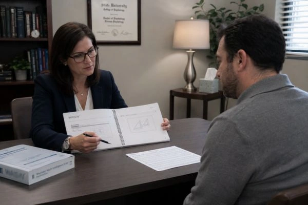 Psychologist administering standardized cognitive assessment to client