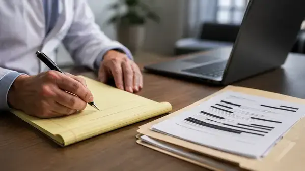 Clinician taking notes during a forensic immigration mental health evaluation