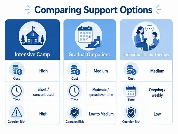 Infographic comparing cost and coercion risk of three reunification therapy options