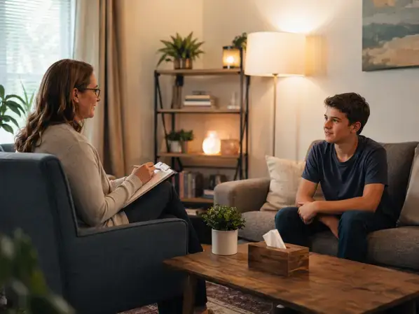 Licensed therapist taking notes across from a calm teenager in an office