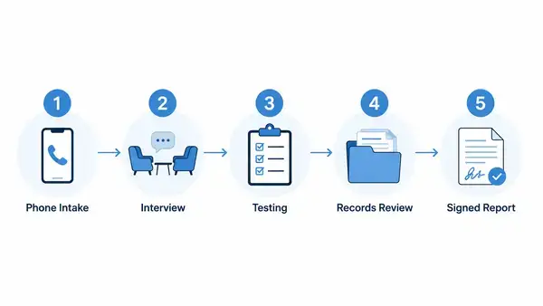 Five-step immigration evaluation process from intake call to final written report