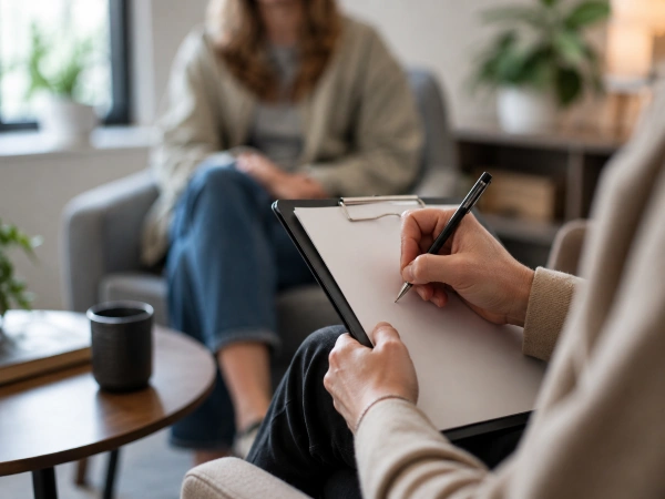 Forensic evaluator taking notes during a psychological assessment