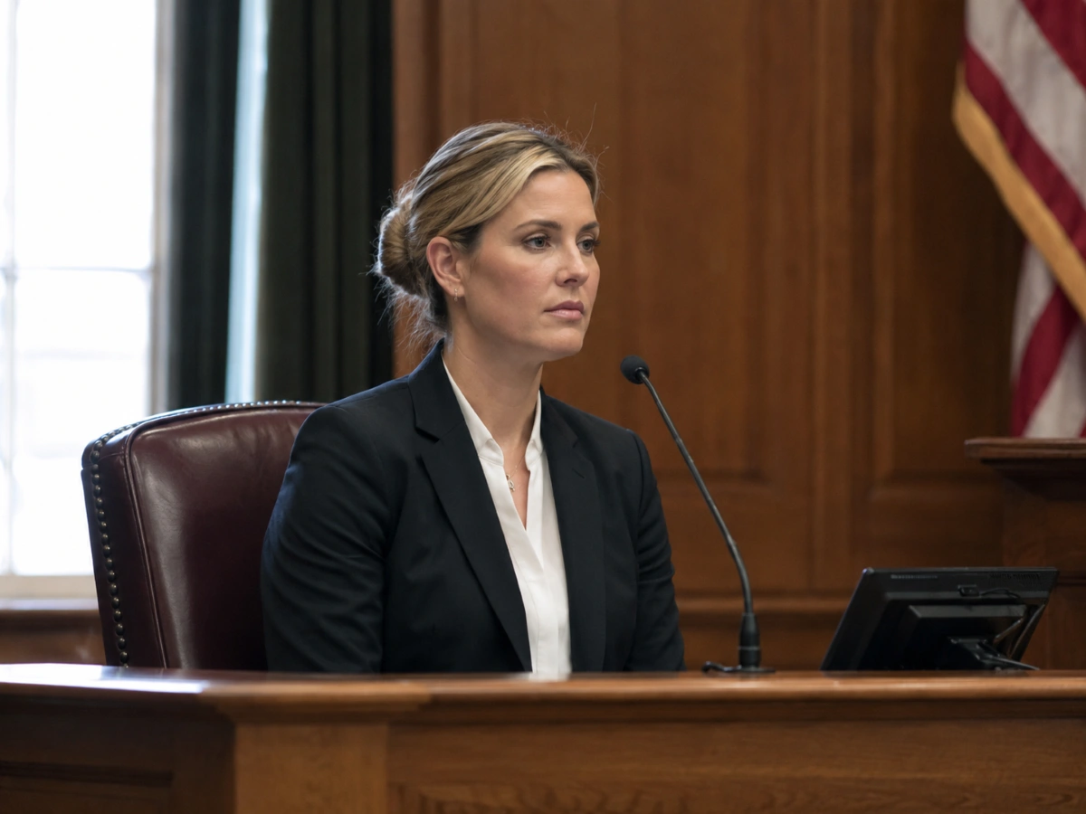 Forensic psychologist giving expert testimony at a witness stand in a courtroom