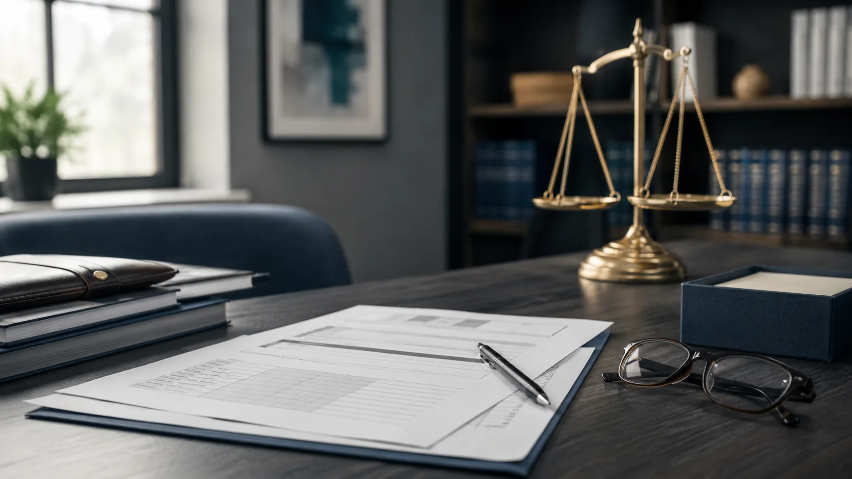 Forensic psychologist's desk with assessment forms and scales of justice representing malingering detection