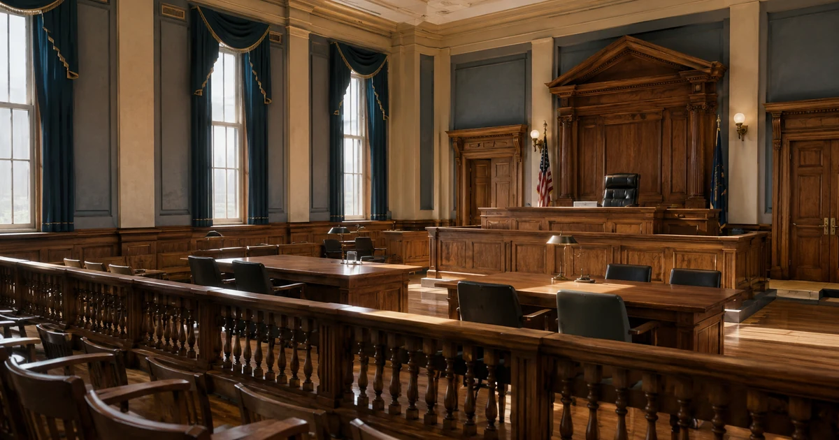 Empty Florida courtroom with judge's bench and counsel tables, representing a criminal trial paused by an incompetent to stand trial finding