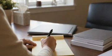 Psychologist preparing a VAWA psychological evaluation report in a private office