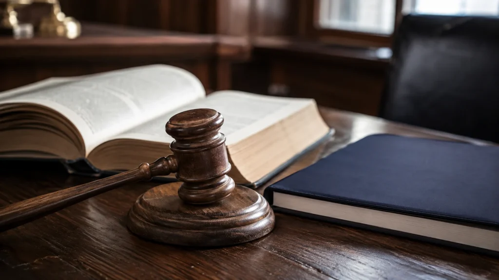 Judge's gavel resting on law books beside a forensic evaluation report, representing Florida's legal standard for competency to proceed