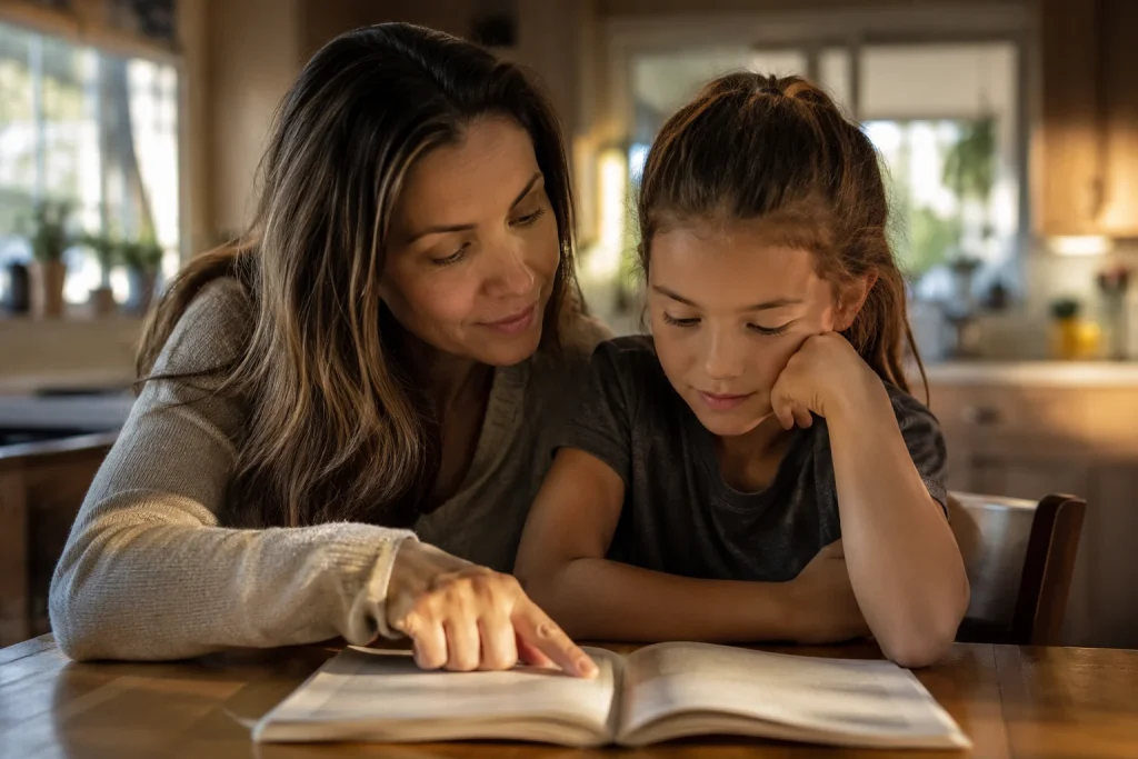 Parent helping a child work through reading at home, a common reason families seek a psychoeducational evaluation