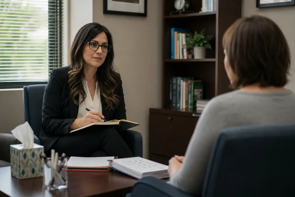 Forensic psychologist conducting a structured personal injury evaluation with an adult client