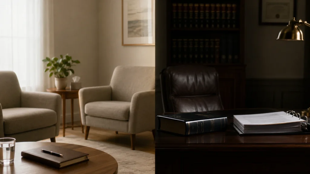 Clinical therapy setting beside a forensic legal setting showing the CCA vs PCE difference