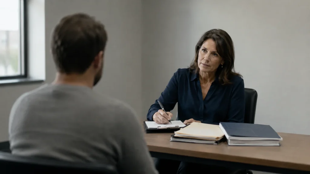 Forensic psychologist taking notes across a table from a defendant during a competency to proceed evaluation interview