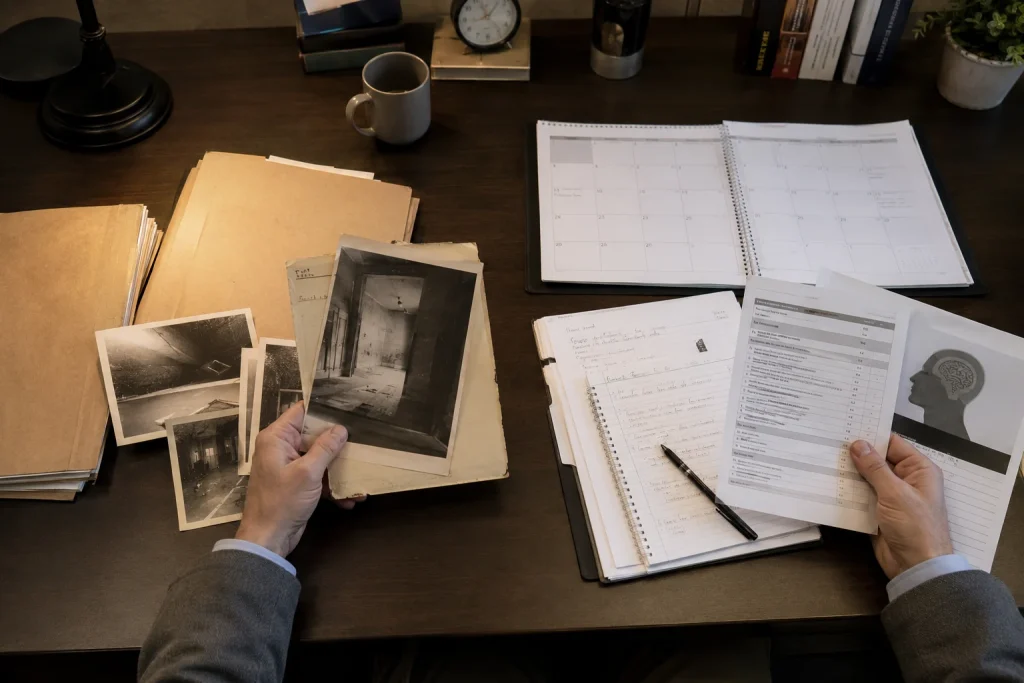 Forensic psychologist comparing past offense records with a defendant’s current mental condition