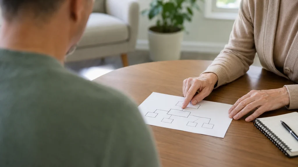 Clinician using a simple diagram of courtroom roles during competency restoration education in Florida