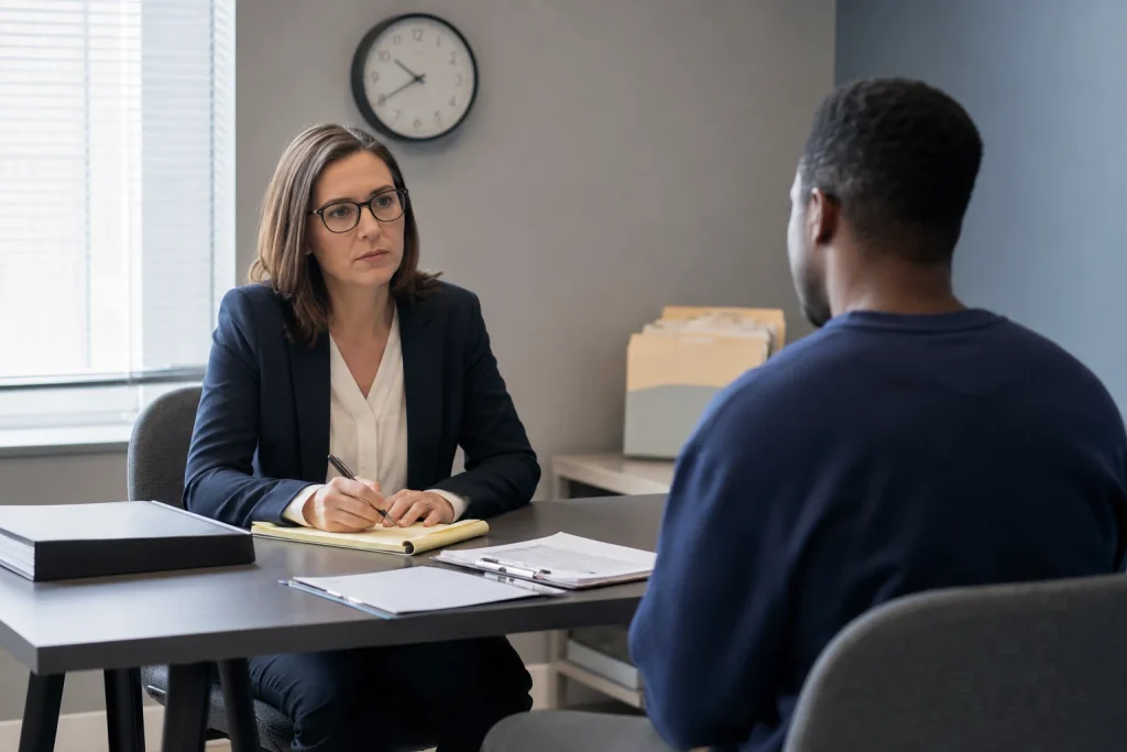 Forensic psychologist conducting a competency-to-proceed evaluation in a Florida office