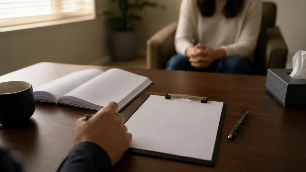 Clinician's desk during a comprehensive clinical assessment interview and testing