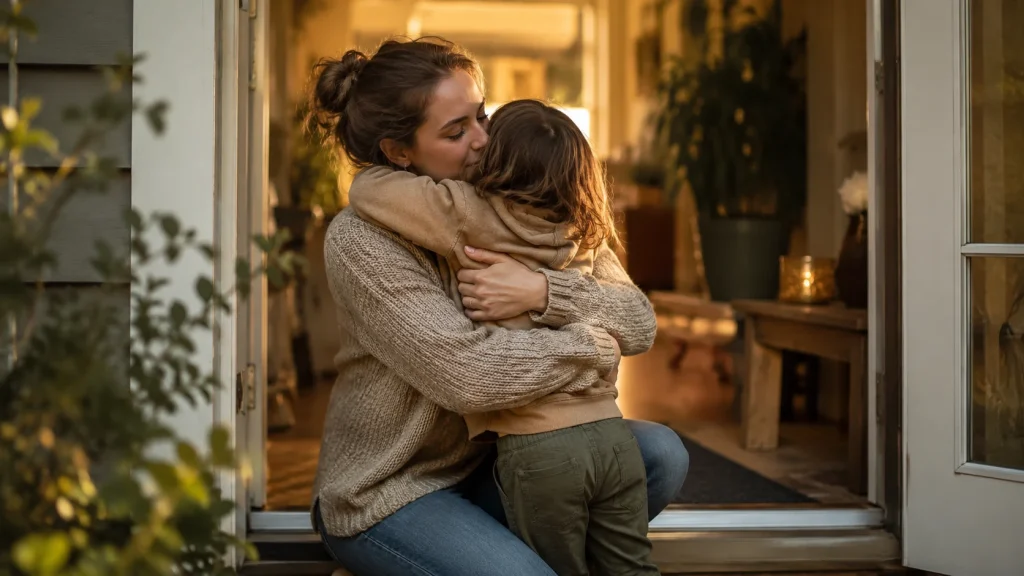 Parent kneeling to embrace a young child at a doorway, representing reunification after separation in a Florida custody case