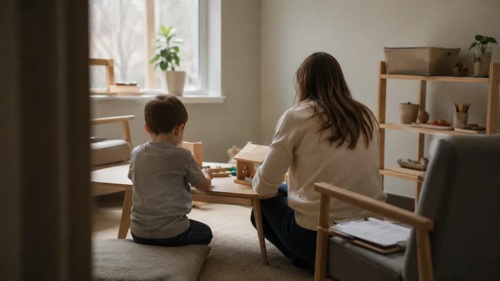 Parent and child playing during a parental capacity evaluation observation, seen from behind